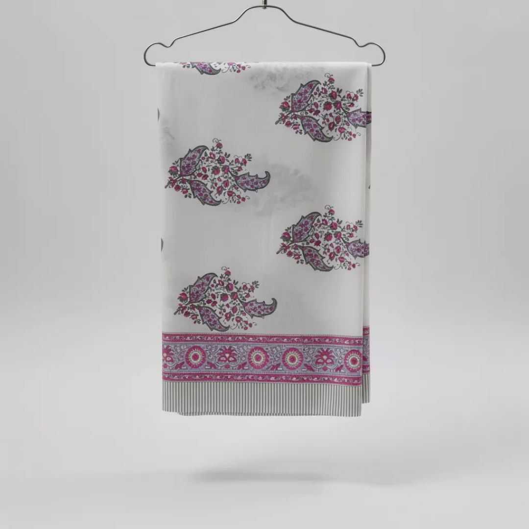 Single-Sided Block Printed Double Bedsheet in Grey Floral Motif