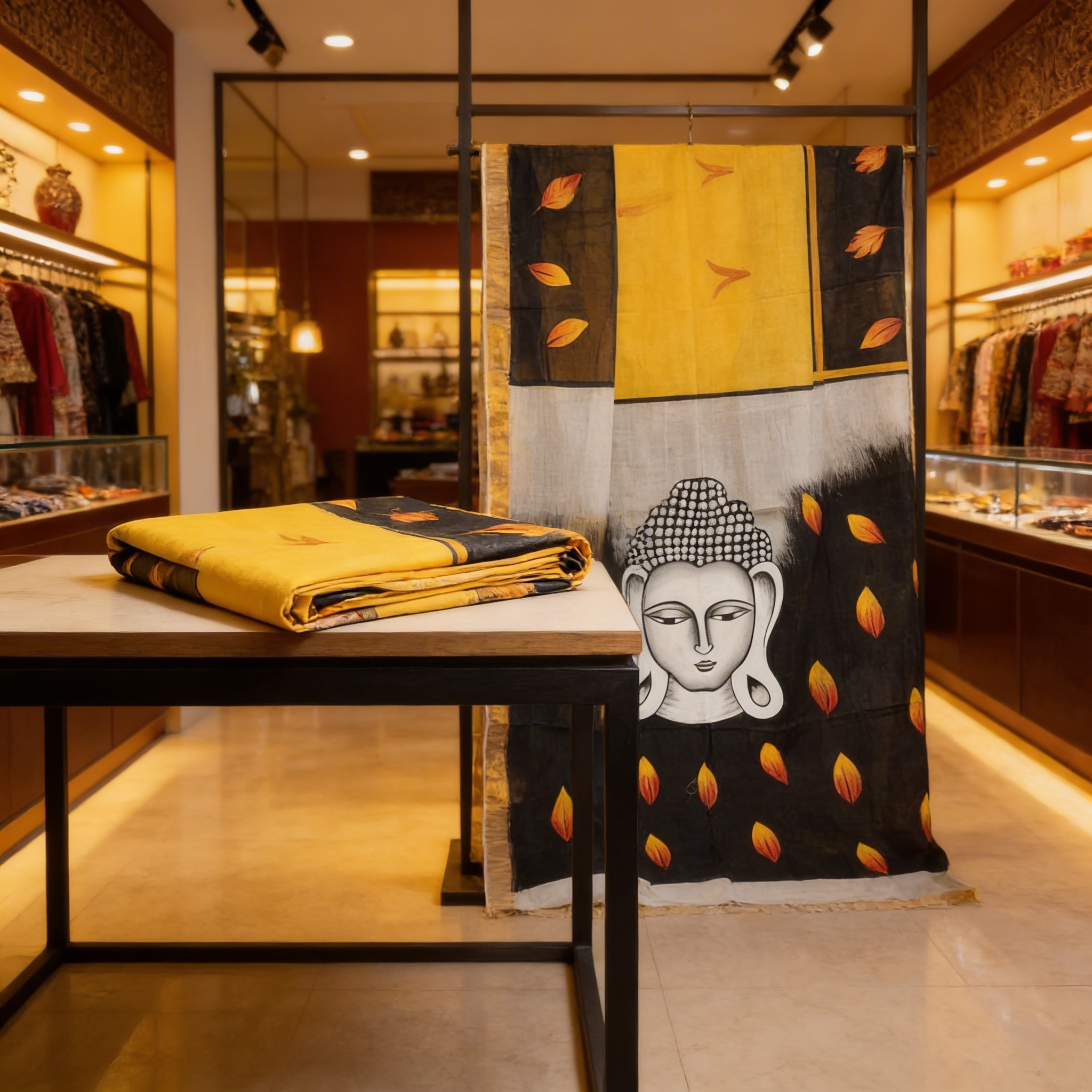 Kerala Hand-Painted Cotton Saree with Buddha Print & Gold Border (Yellow, Black & White) – Includes Blouse Piece