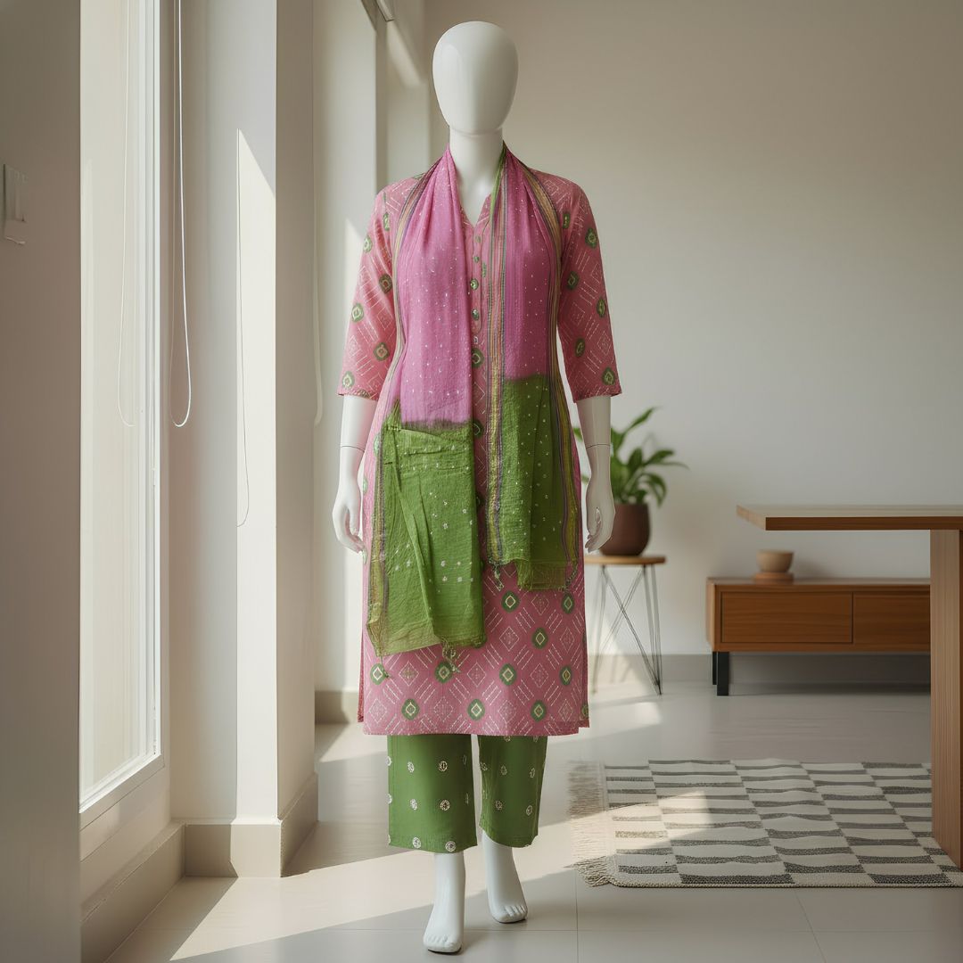 Glace Cotton Suit Fabric with Traditional Tie and Dye Motifs for Cut Top