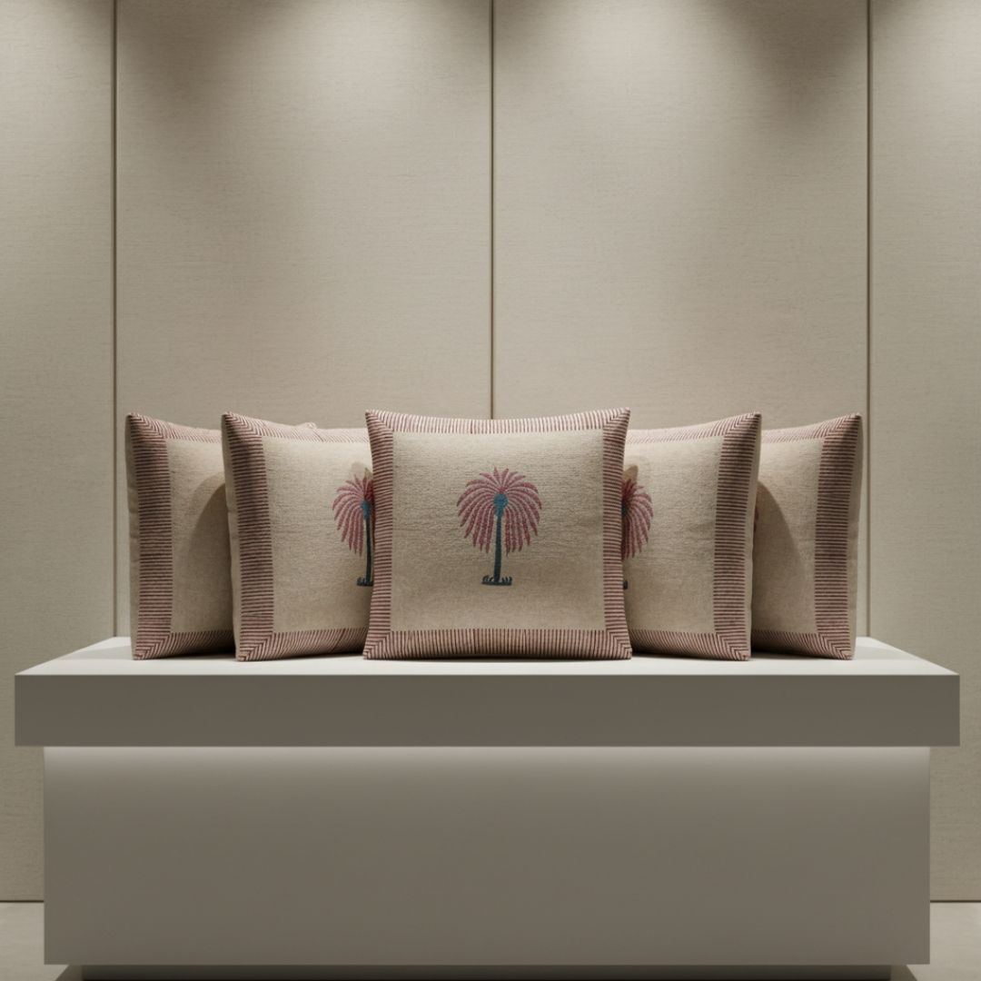 Block Printed South Cotton Cushion Cover with Handcrafted Instrument Motif