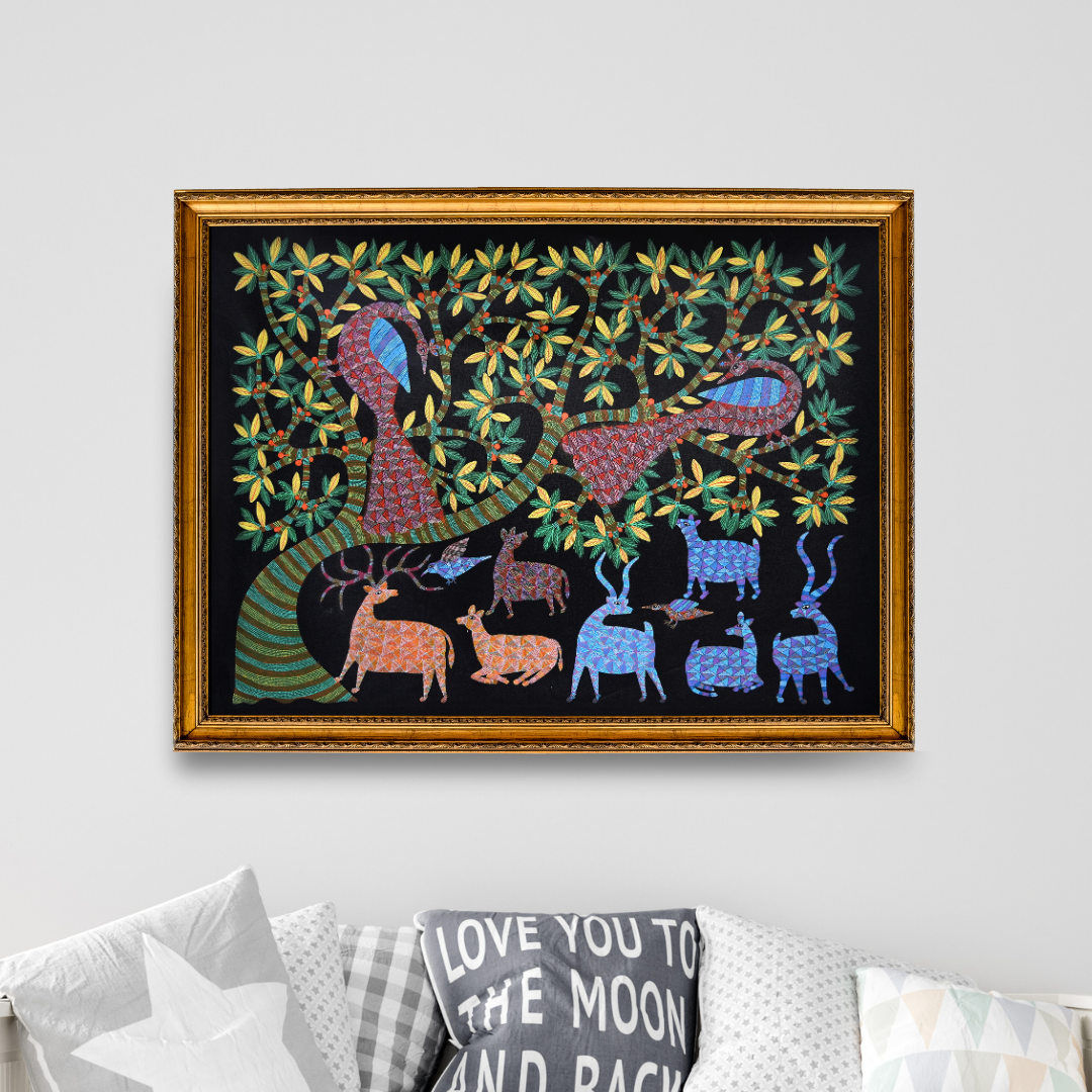 Peacocks and Deer Under the Night Sky 