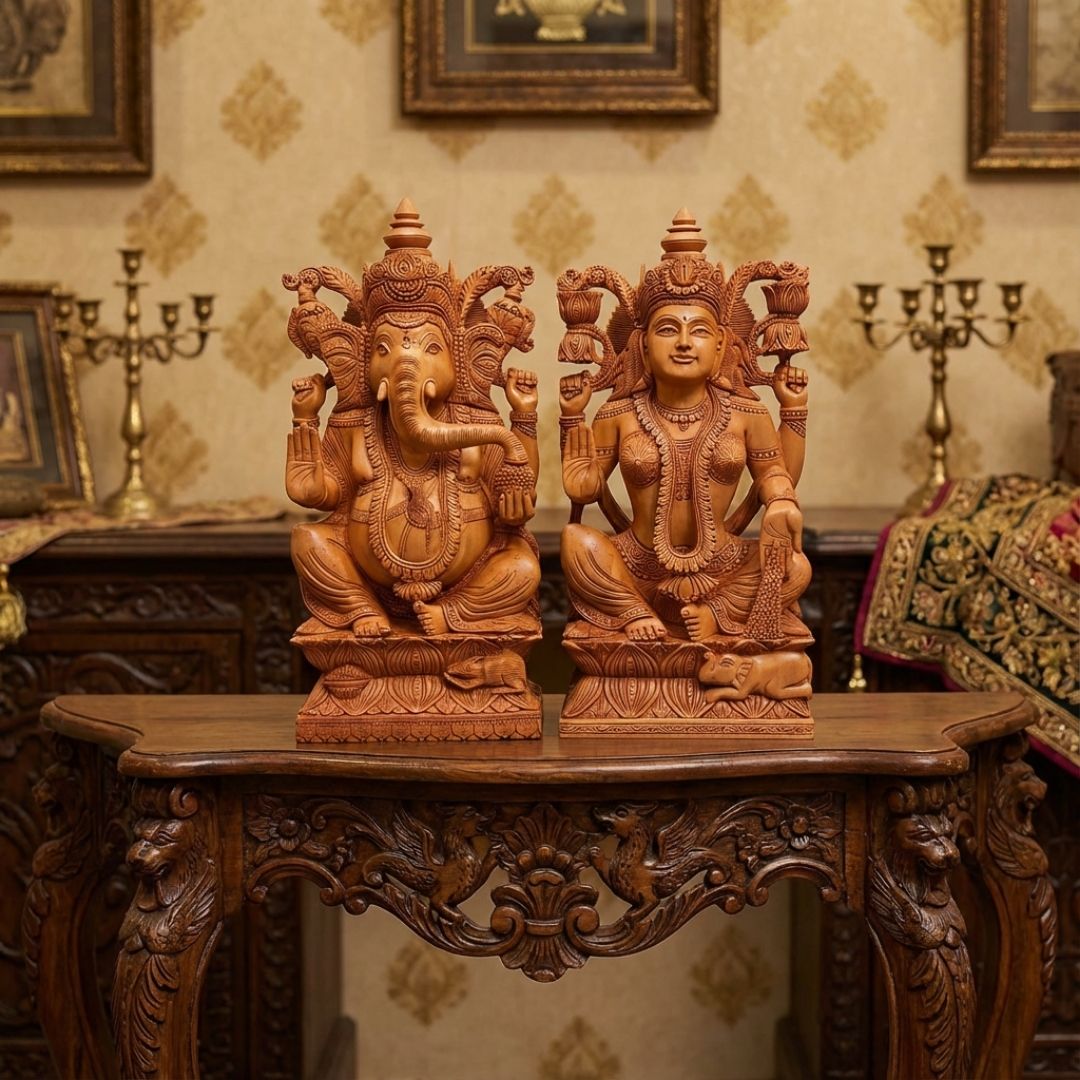 Ganesh Lakshmi Pair Sitting on Lotus Handcrafted in Sandalwood