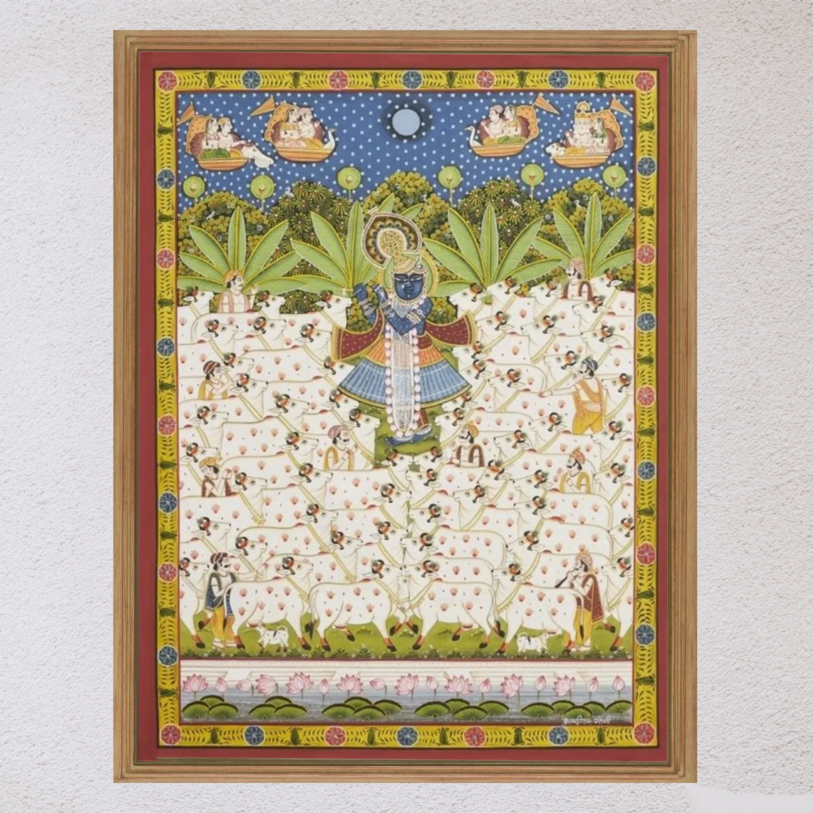 Pichwai Krishna Playing Bansuri with Multiple White Cows