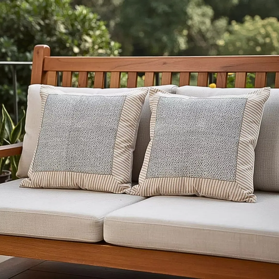 Block Printed Cotton Cushion Covers with Minimal Border Design (Set of 2)