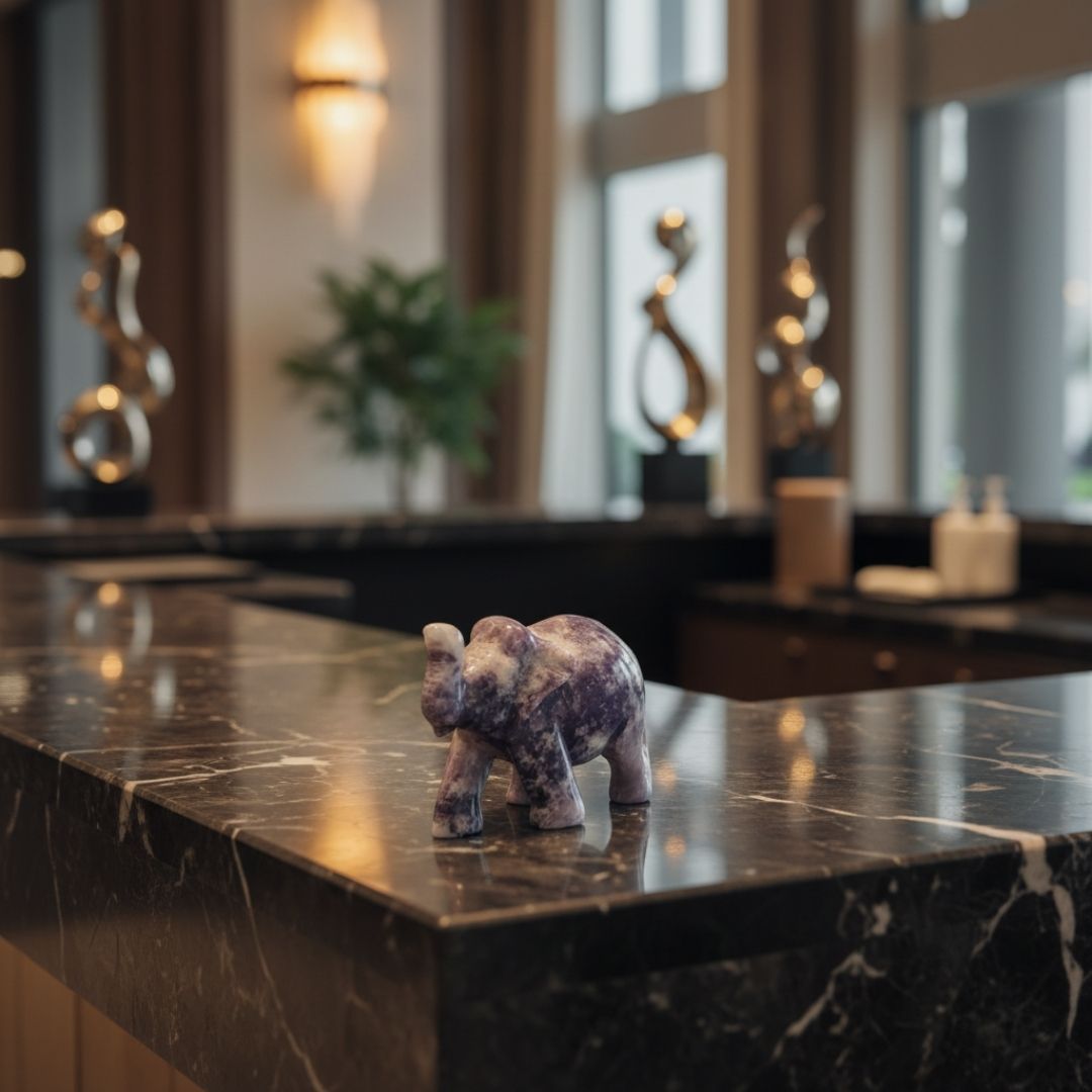 Hand Carved Lepidolite Gemstone Elephant Sculpture for Home Decor and Healing