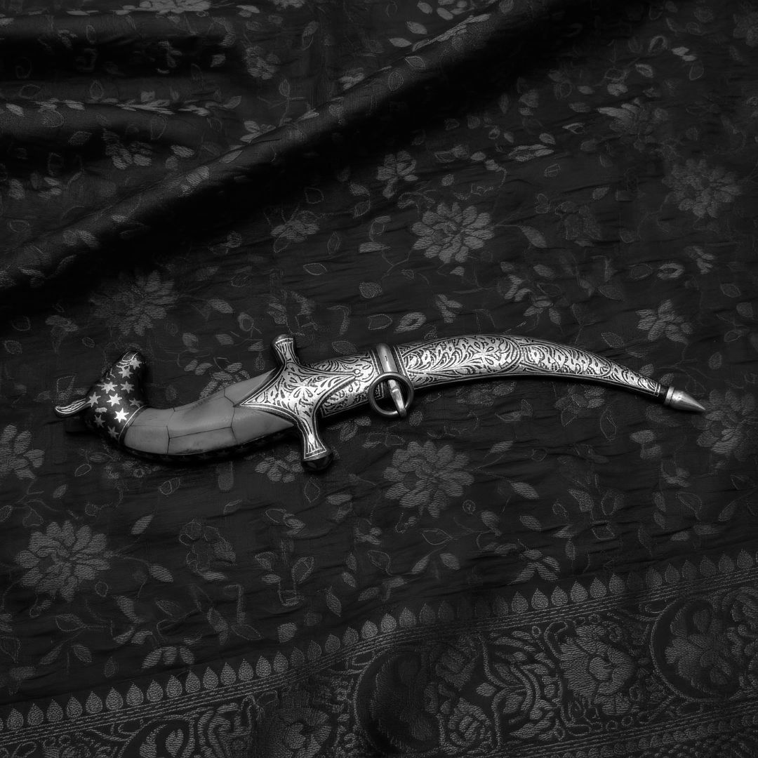 Bone Handle Dagger with Handcrafted Koftgari Metal Inlay Art