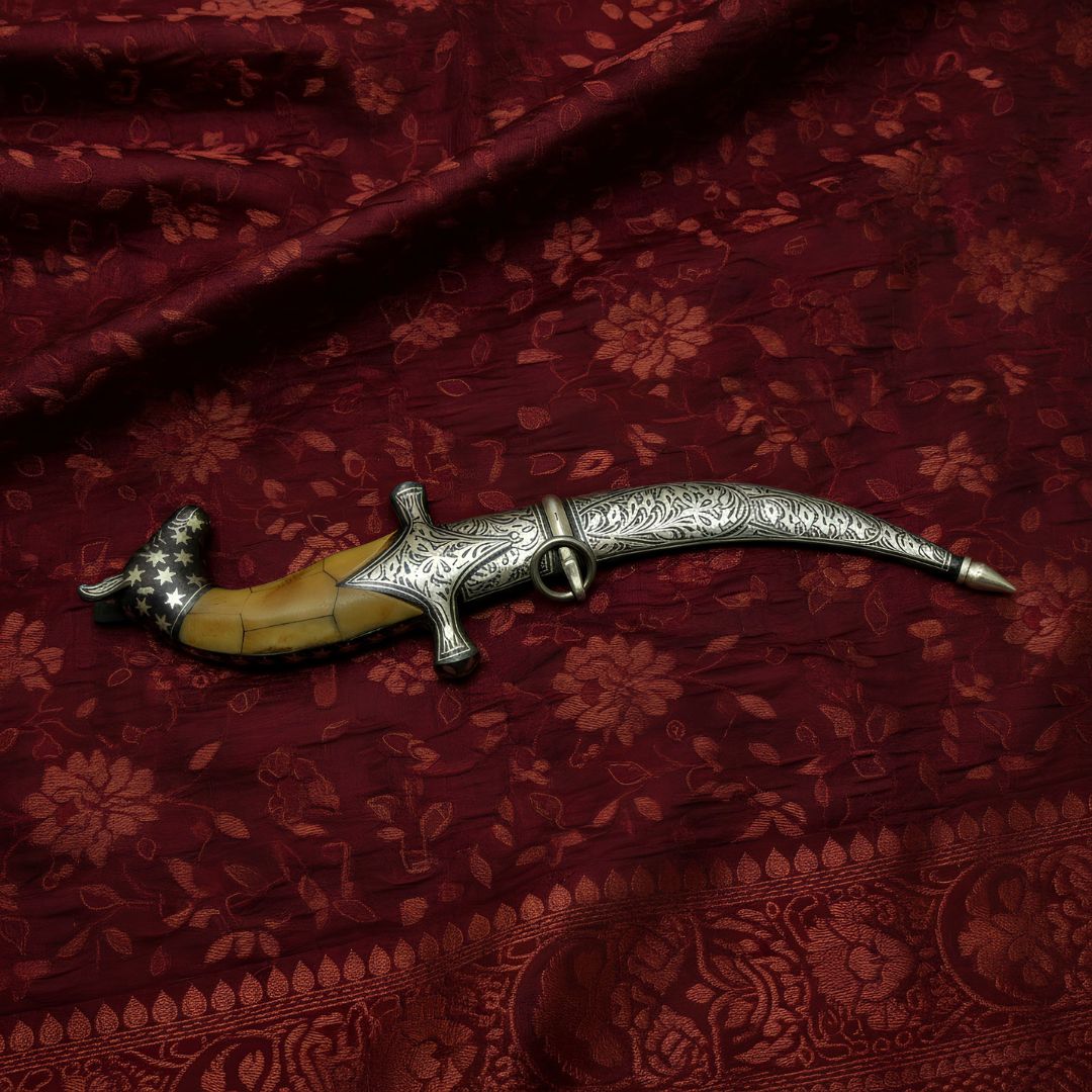 Bone Handle Dagger with Handcrafted Koftgari Metal Inlay Art