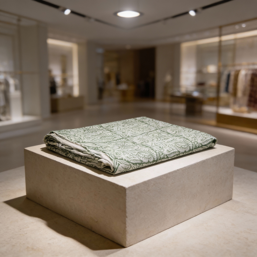 Single-Sided Block Printed Mal Cotton Fabric in Green Botanical Pattern