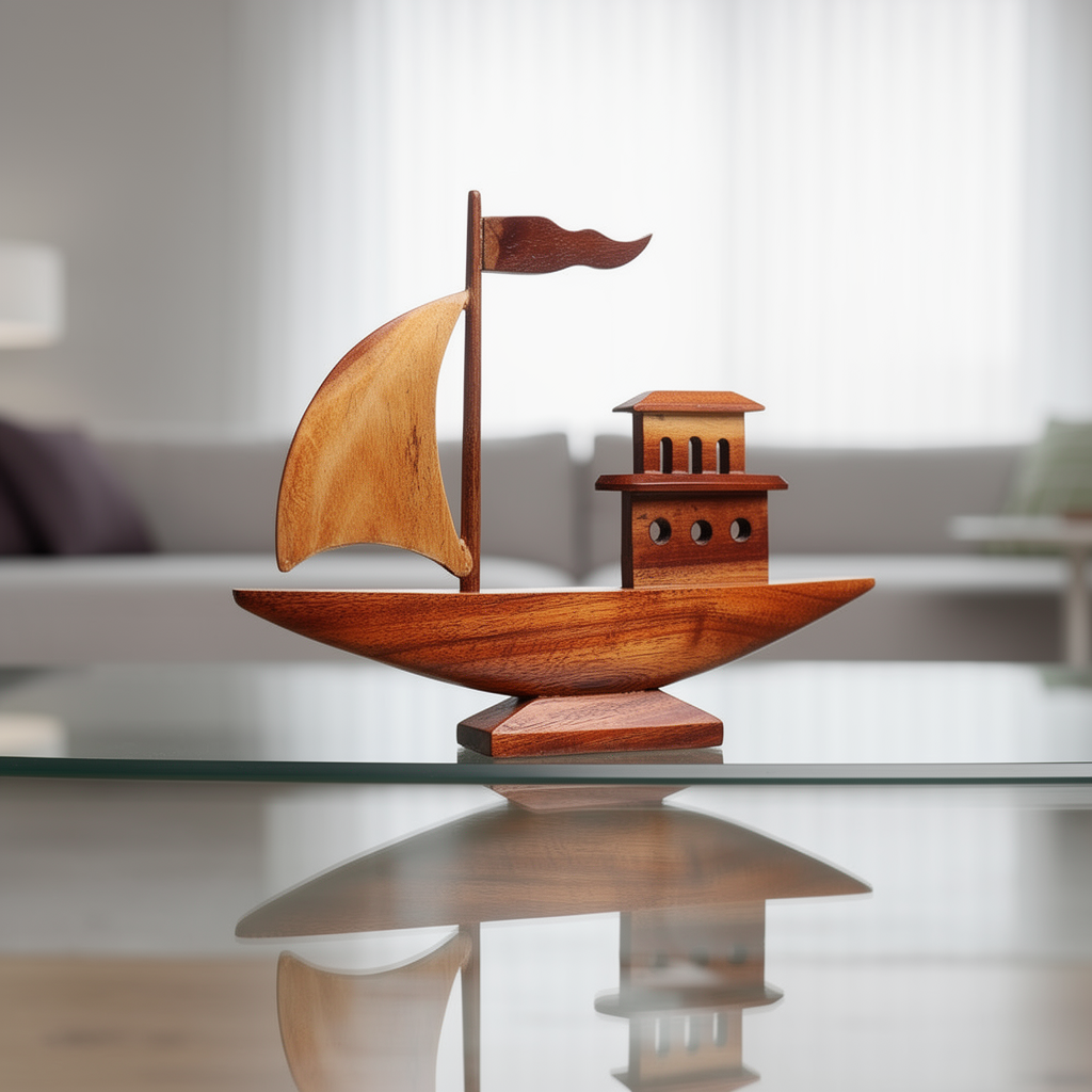 Handcrafted Wooden Boat Showpiece