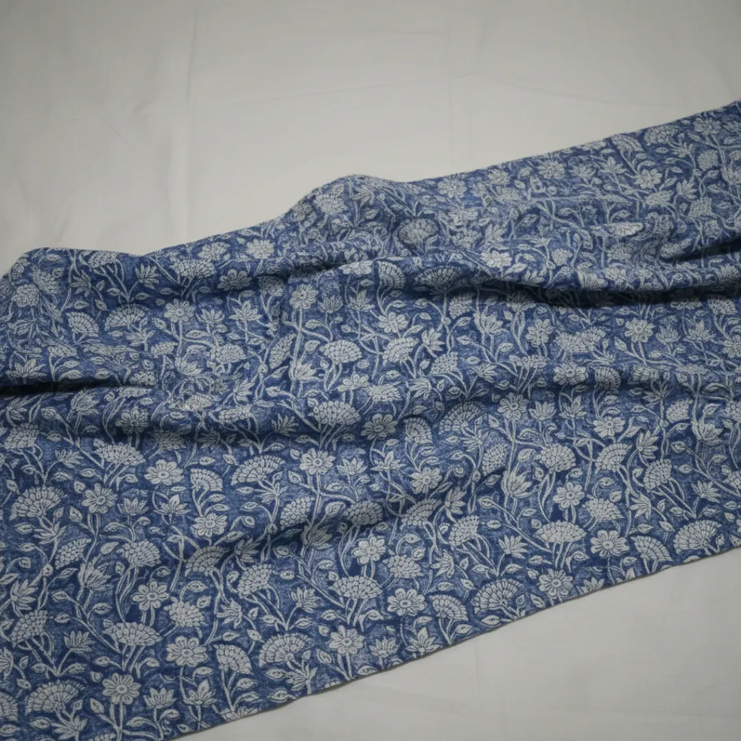 Single-Sided Hand Block Printed Mal Cotton Fabric – Indigo Floral | Sold Per Meter