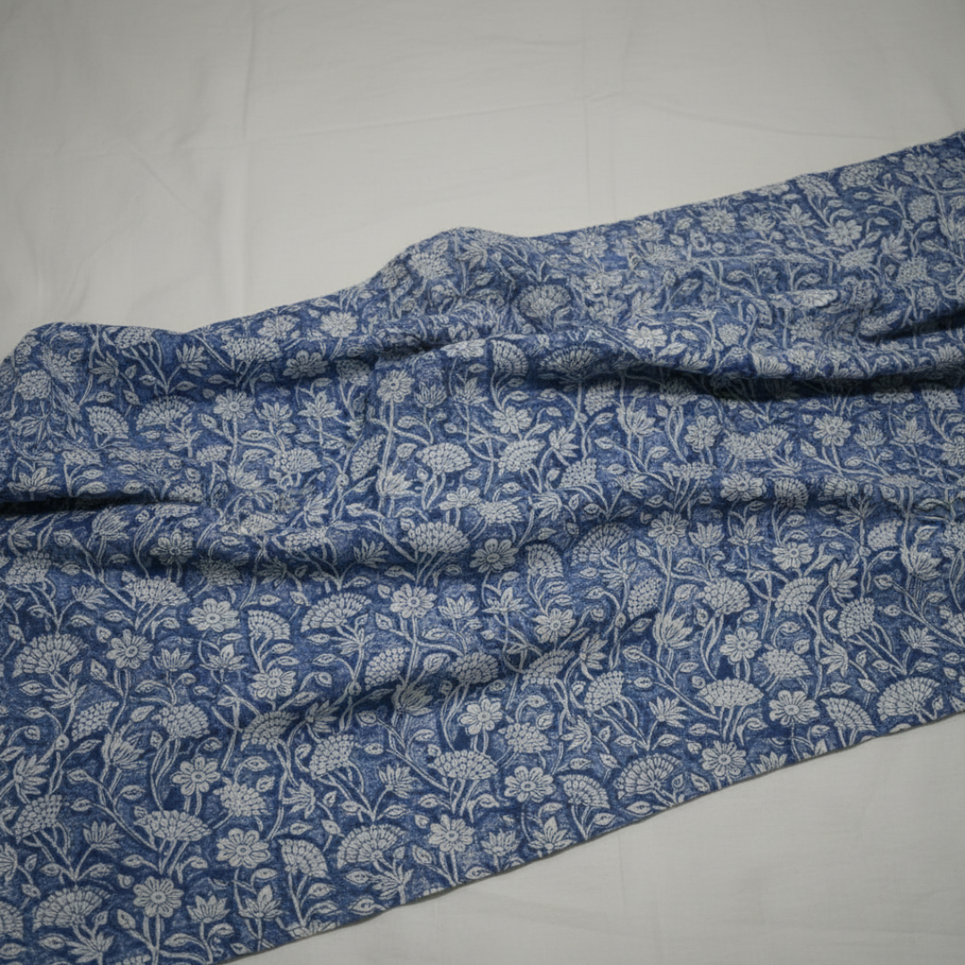 Single-Sided Block Printed Mal Cotton Fabric in Indigo Floral Pattern