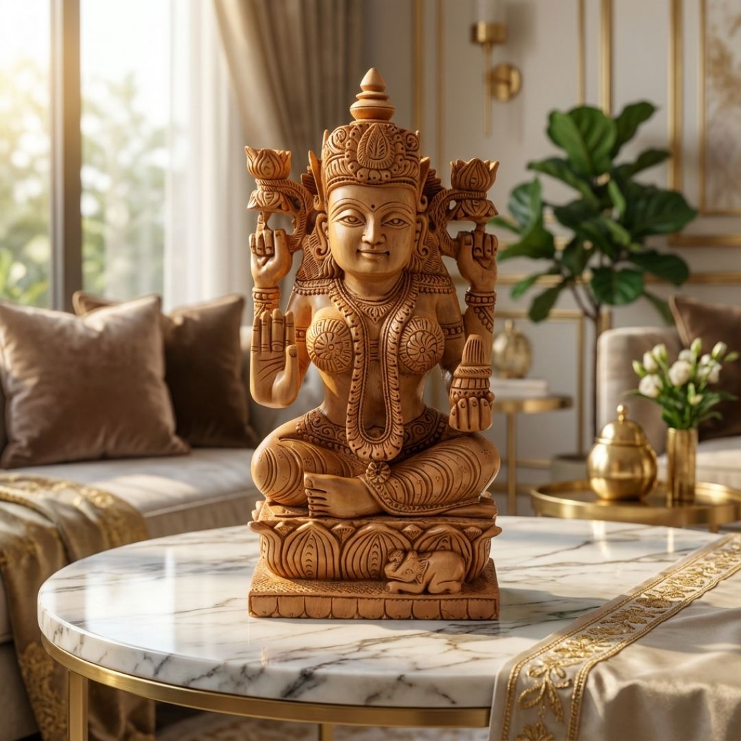 Lakshmi Mata Wooden Sculpture Sitting on Lotus with Kalash and Blessing Mudra