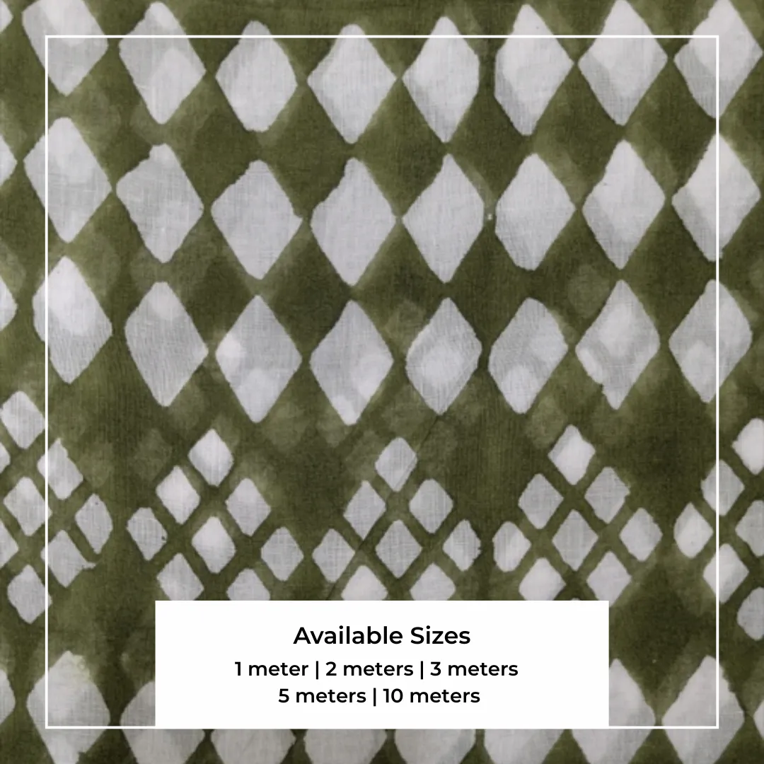 Single-Sided Hand Block Printed Mal Cotton Fabric – Green Geometric | Sold Per Meter