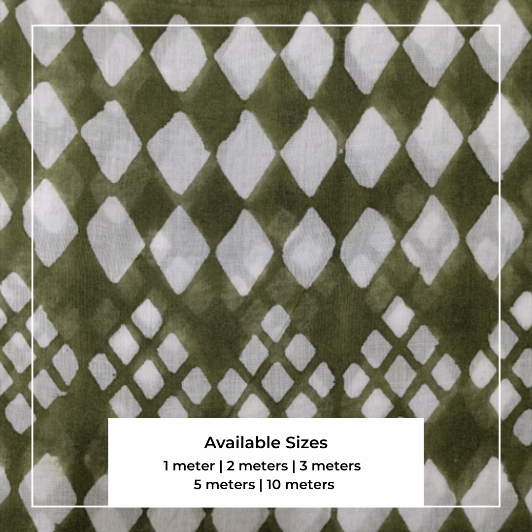 Single-Sided Block Printed Mal Cotton Fabric in Green Geometric Pattern