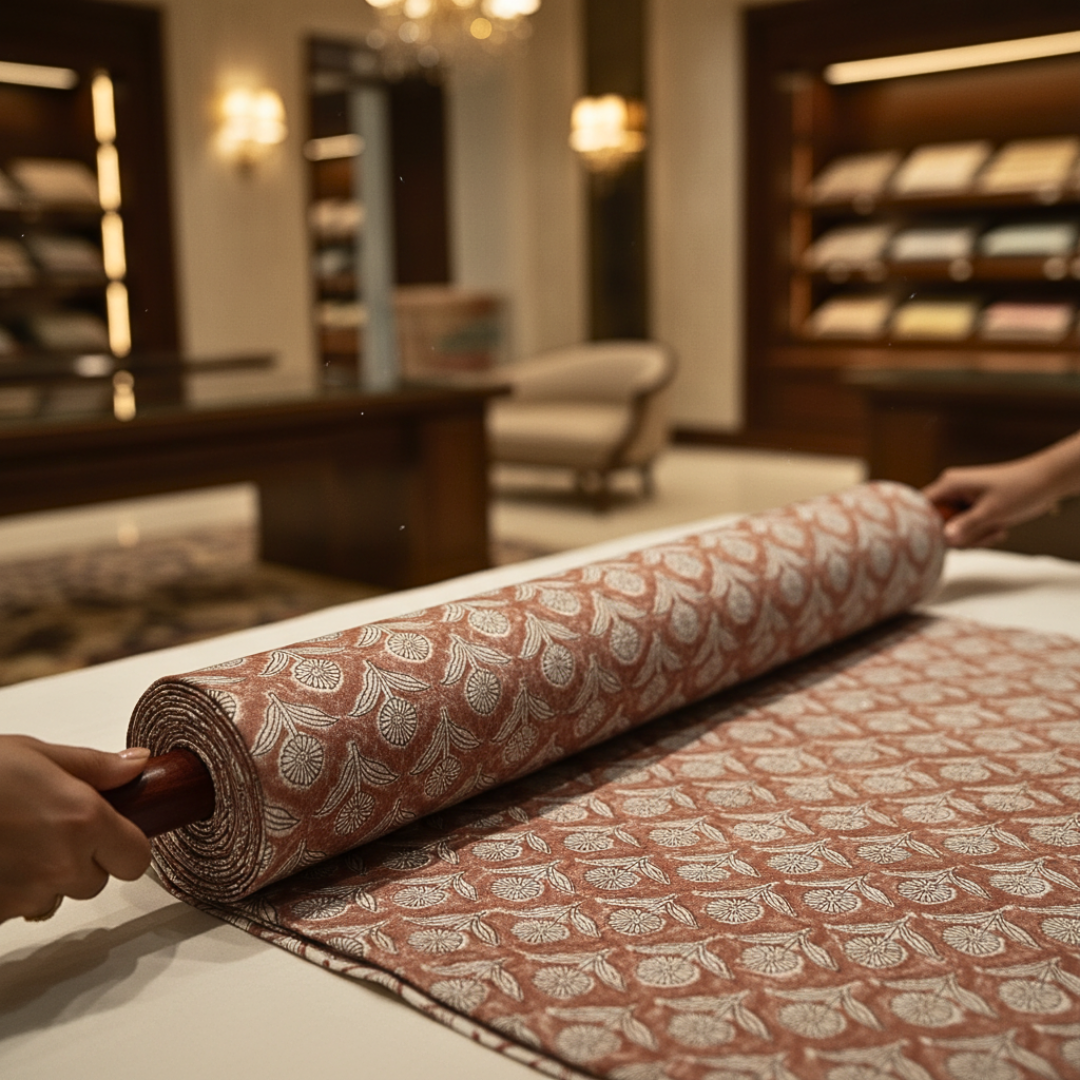 Single-Sided Block Printed Mal Cotton Fabric in Brown Geometric Lattice Pattern