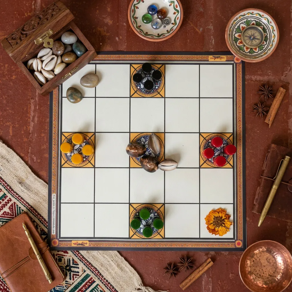 Chowka Bara 5 & 7 House Board Game Combo Set | Cotton Canvas Mat & Wooden Pawns | Ashta Chamma (Telugu), Daayam (Tamil) | Includes How to Play Instructions
