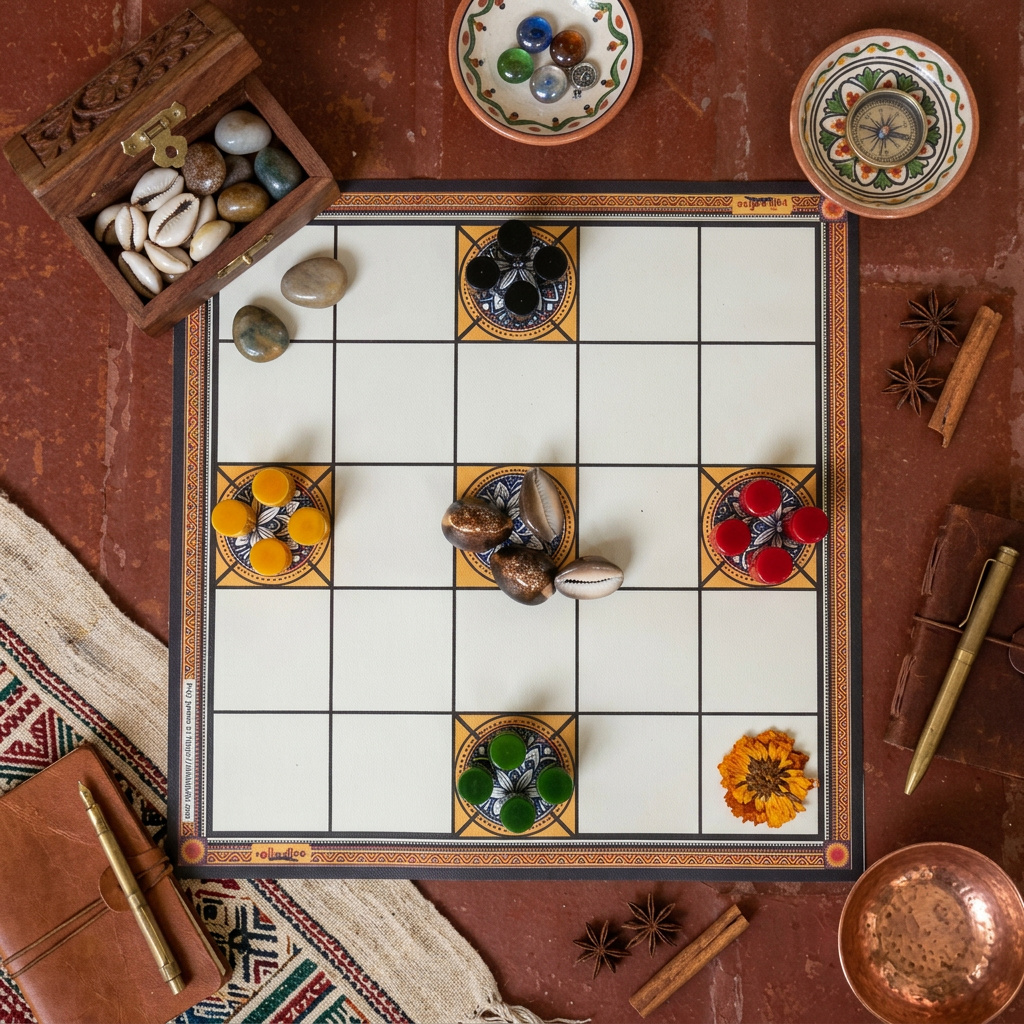 Chowka Bara 5 & 7 House Board Game Combo Set | Cotton Canvas Mat & Wooden Pawns | Ashta Chamma (Telugu), Daayam (Tamil) | Includes How to Play Instructions