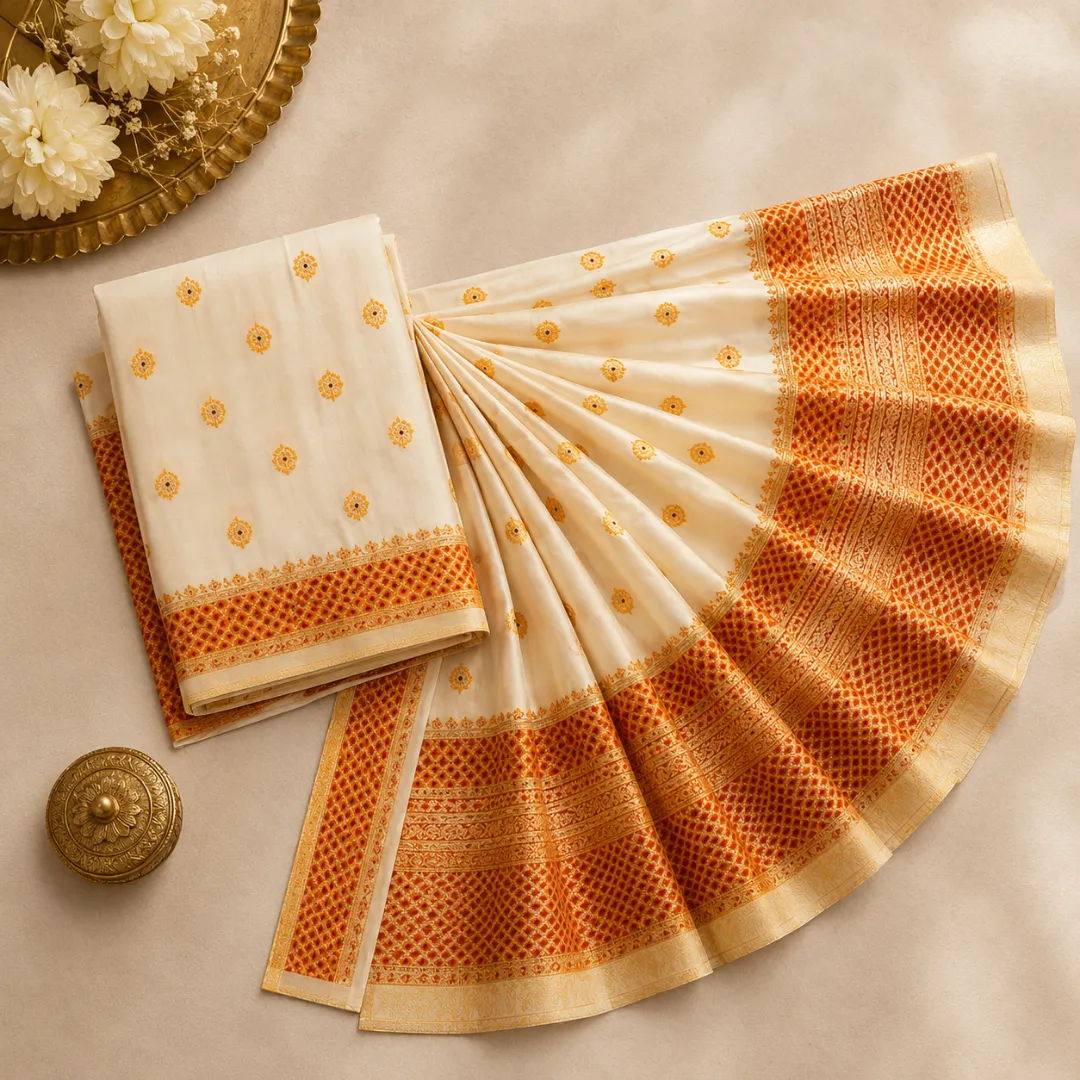 Graceful Ivory Assam Silk Saree with Vermilion Red & Gold Handwork Border with Blouse Piece