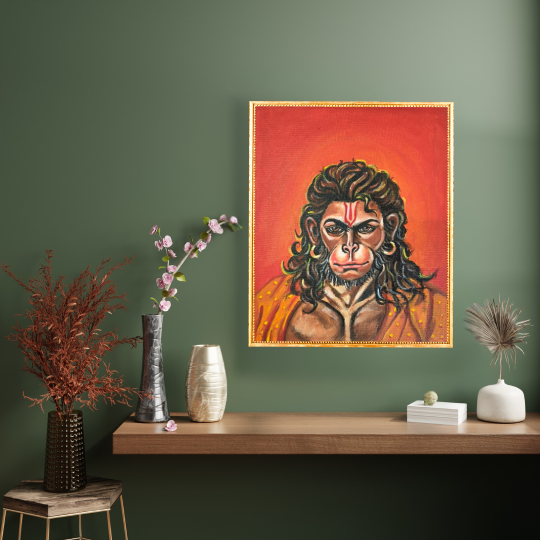 “Divine Strength Hanuman Portrait” - Original Acrylic Painting 