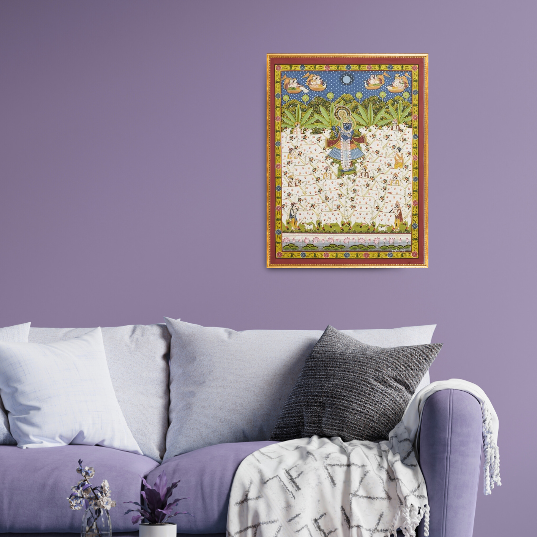 Pichwai Krishna Playing Bansuri with Multiple White Cows