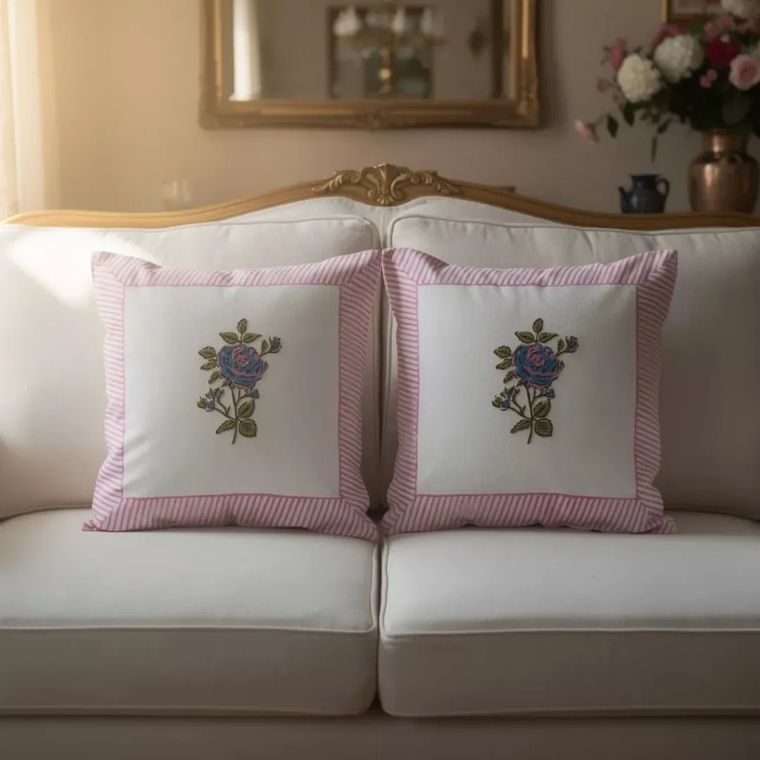 South Cotton Block Printed Cushion Covers with Central Floral Motif (Set of 2)