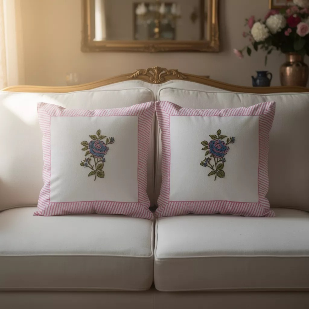 Block Printed South Cotton Cushion Covers with Floral Motif