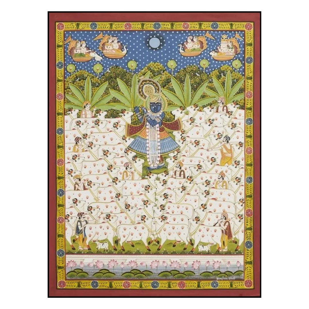 Pichwai Krishna Playing Bansuri with Multiple White Cows