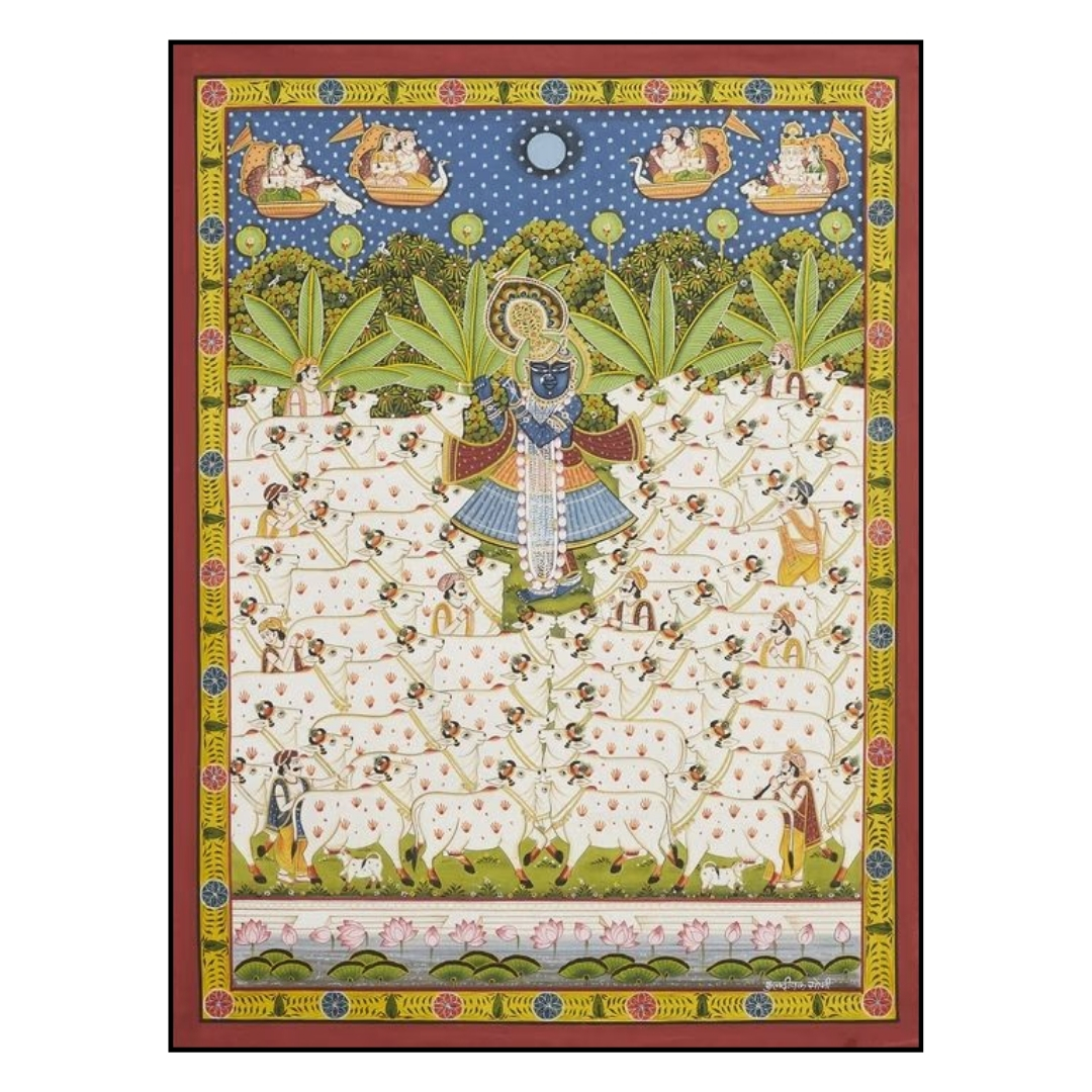 Pichwai Krishna Playing Bansuri with Multiple White Cows