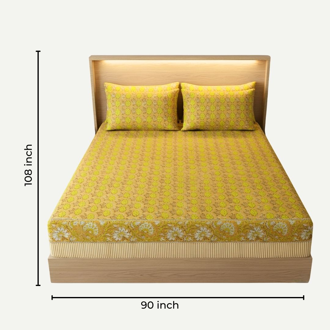 Single-Sided Block Printed Double Bedsheet in Yellow Floral Pattern