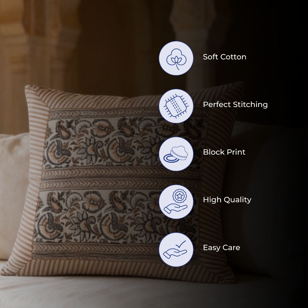 South Cotton Block Printed Cushion Covers with All-Over Pattern & Detailed Border (Set of 2)