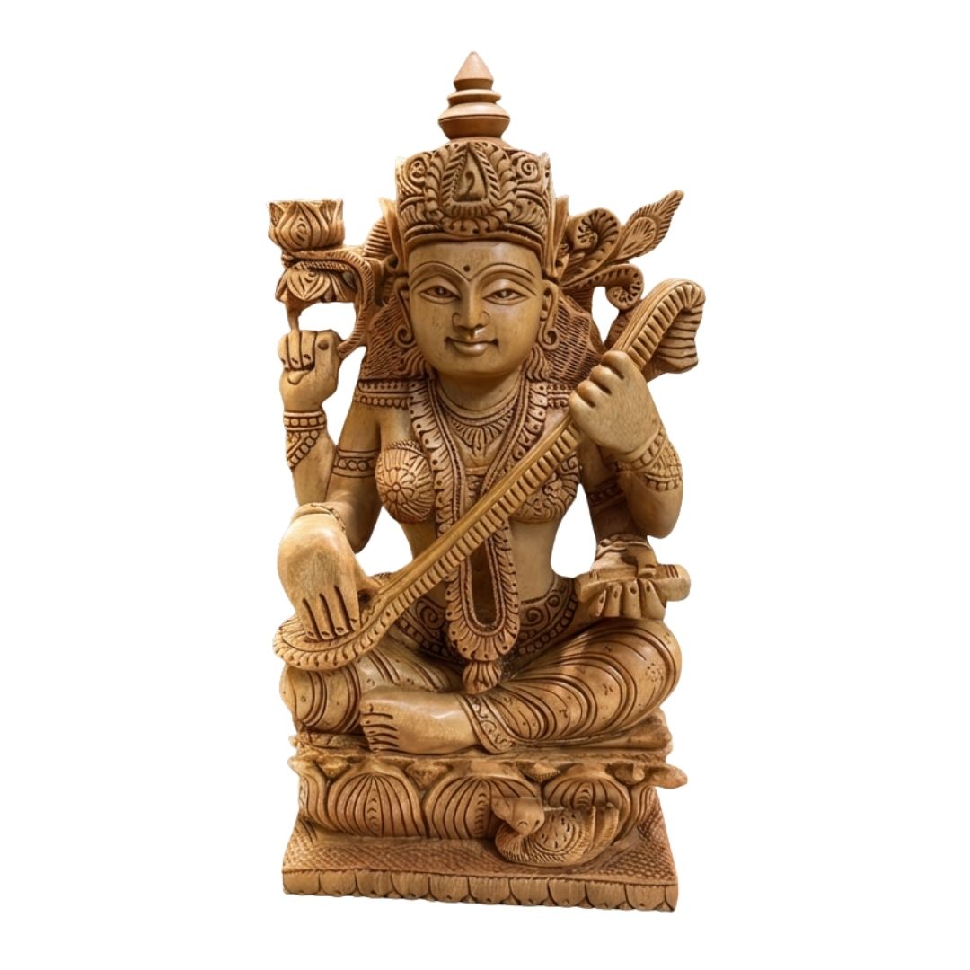 Sandalwood Saraswati Idol with Veena and Lotus Base