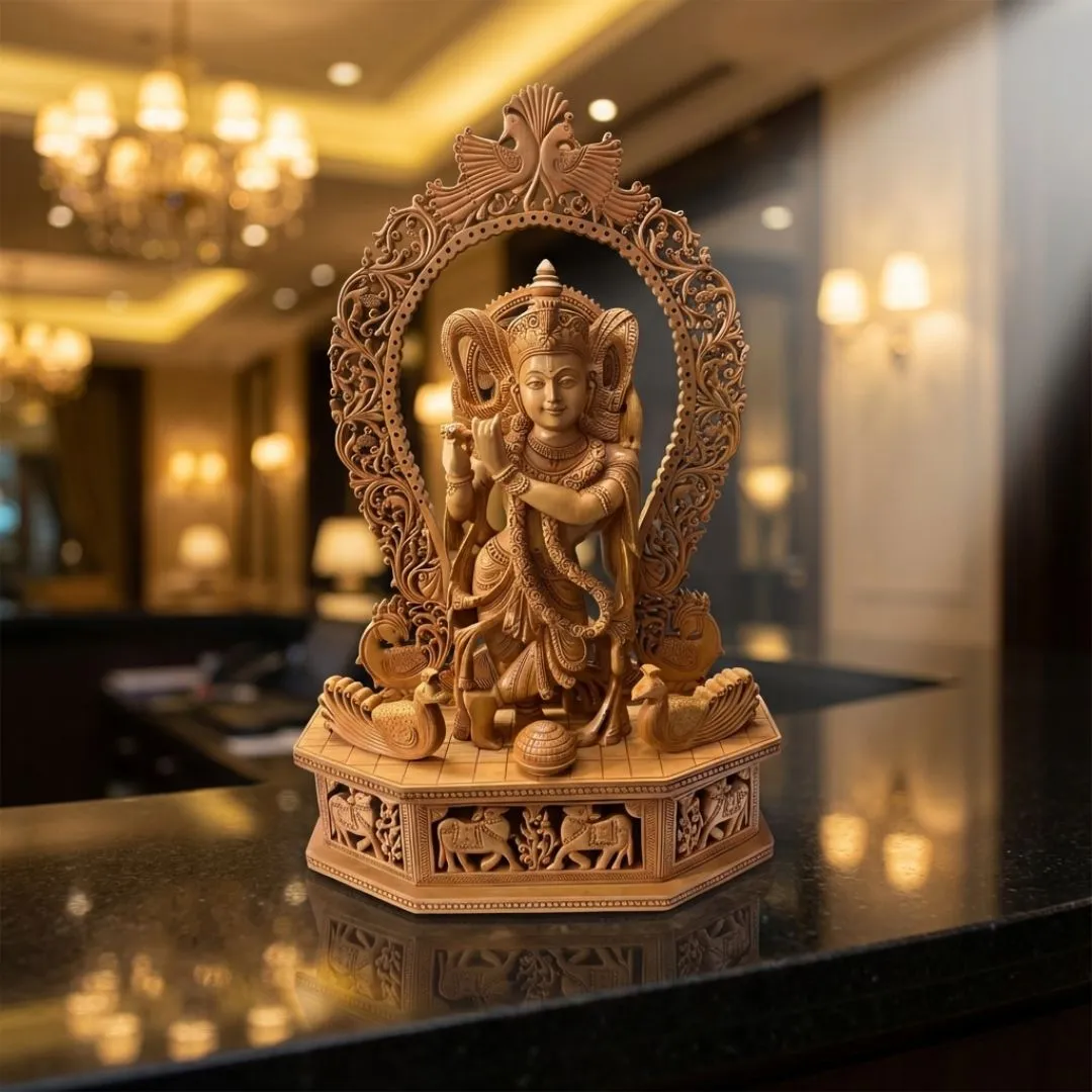 Handcrafted Lord Krishna Sculpture with Flute and Ornate Arch Featuring Peacocks