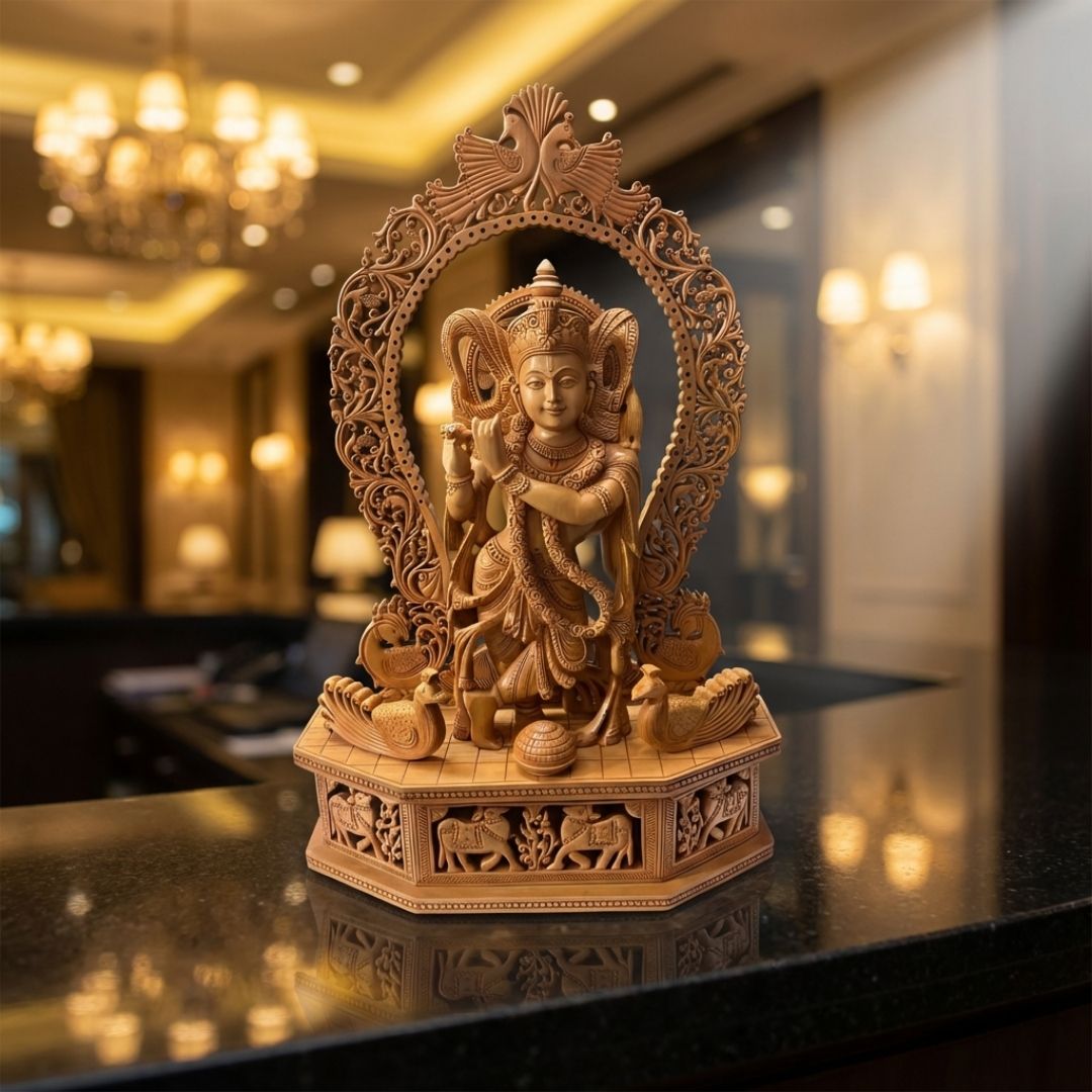 Handcrafted Lord Krishna Sculpture with Flute and Ornate Arch Featuring Peacocks