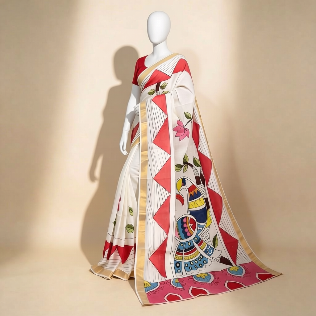 Kerala Cotton Hand-Painted White Saree with Multicolor Motifs & Golden Border | Includes Blouse Piece