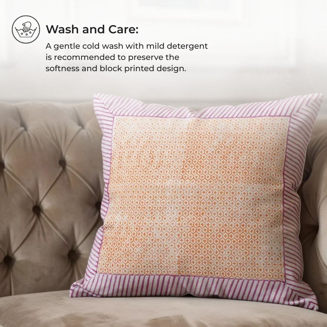 Block Printed Cotton Cushion Covers with Grid Pattern & Multicolour Border (Set of 2)