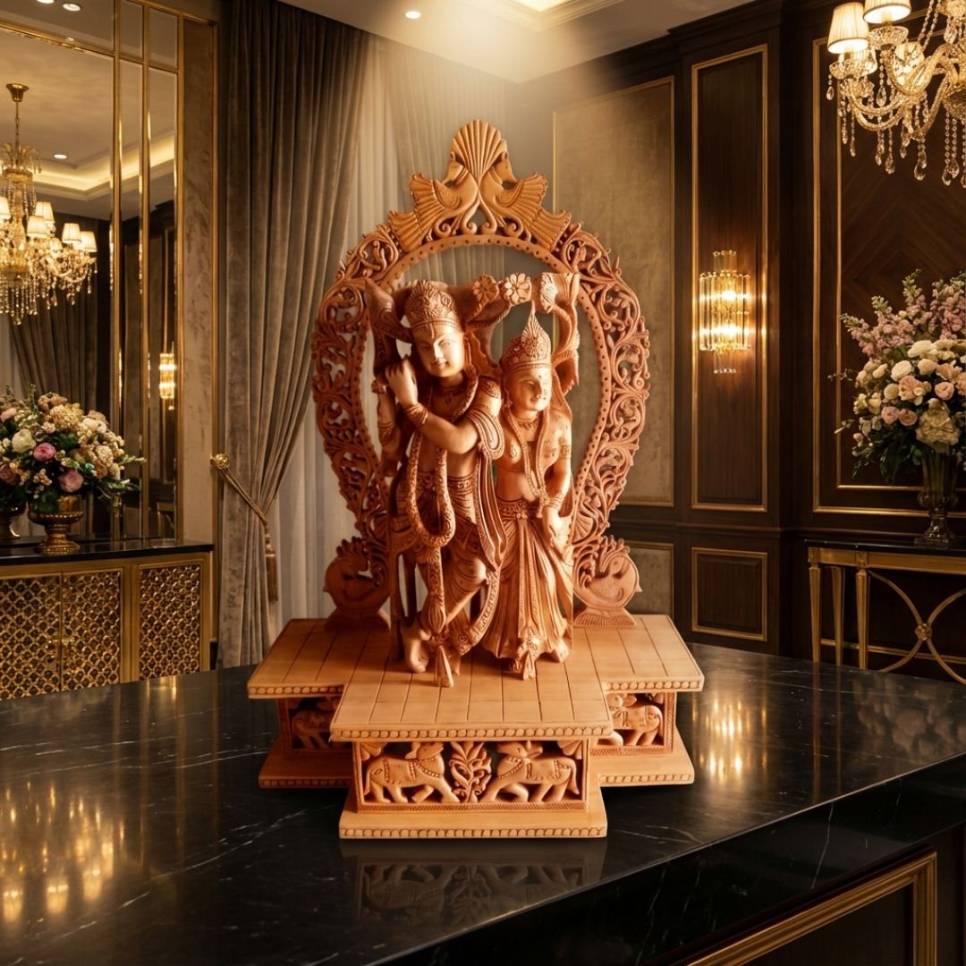 Radha Krishna Jugal Murti with Peacock Arch and Premium Base in Sandalwood