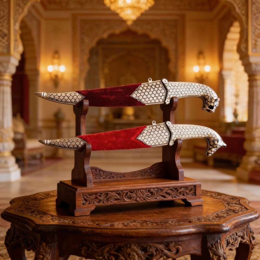 Red Handle Koftgari Decorative Dagger Pair with Fine Traditional Metal Inlay Art