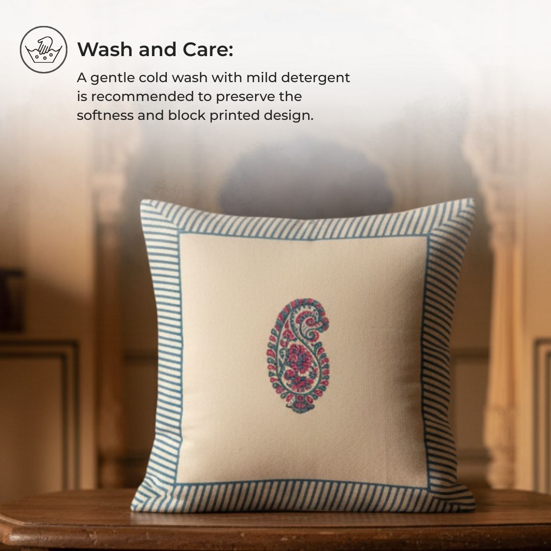 South Cotton Block Printed Cushion Covers with Central Motif & Blue Border (Set of 2)