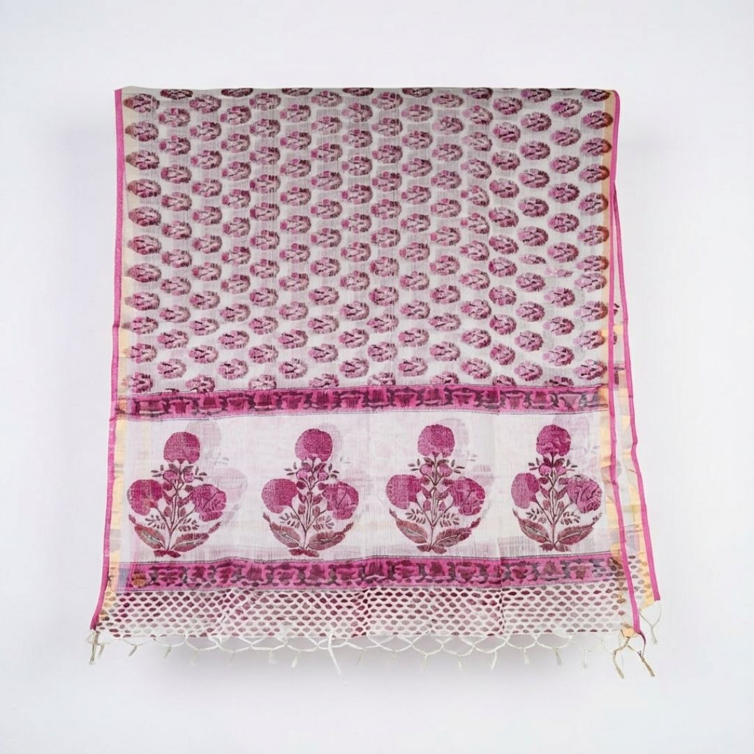 Hand Block Printed Kota Doriya Dupatta in Soft Pink Floral Pattern