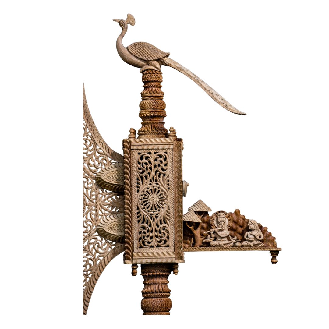 Pure Sandalwood Lace-Carved Heritage Pankha with Peacock Handle 