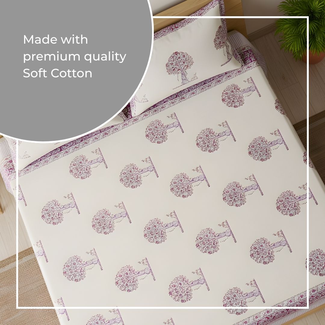 Single-Sided Block Printed Double Bedsheet in Soft Pink Floral Motif
