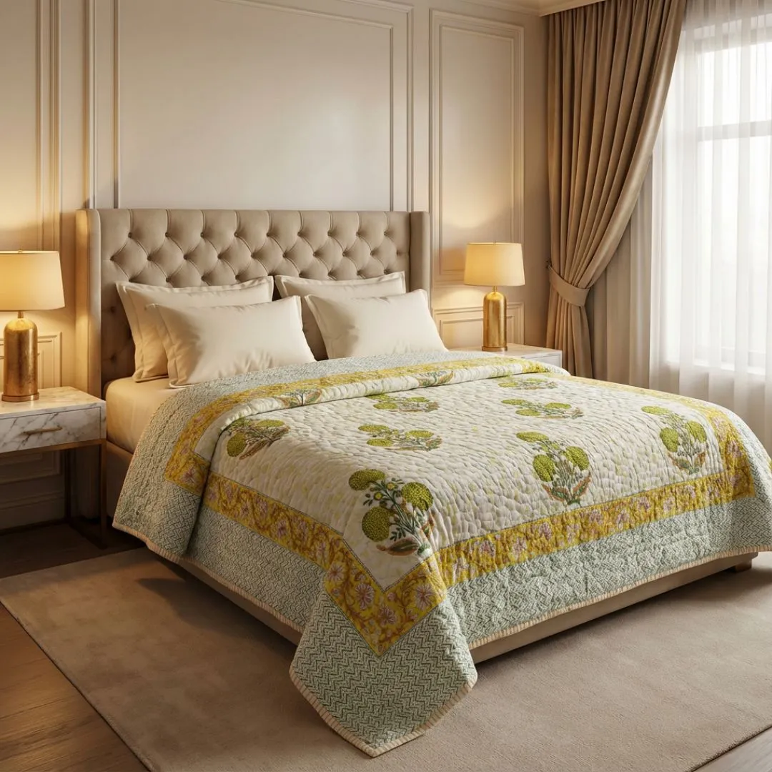 Single Double-Sided Block Printed Cotton Comforter in Yellow Green Floral Pattern