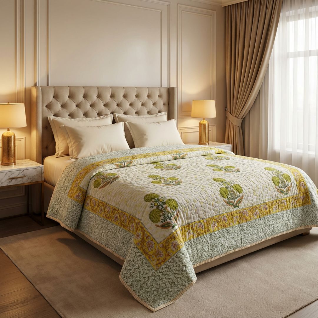 Single Double-Sided Block Printed Cotton Comforter in Yellow Green Floral Pattern