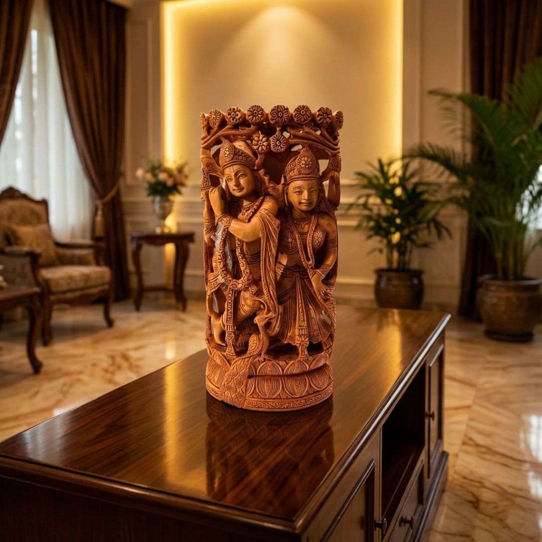 Radha Krishna Jugal Murti in Sandalwood with Intricate Tree Carving