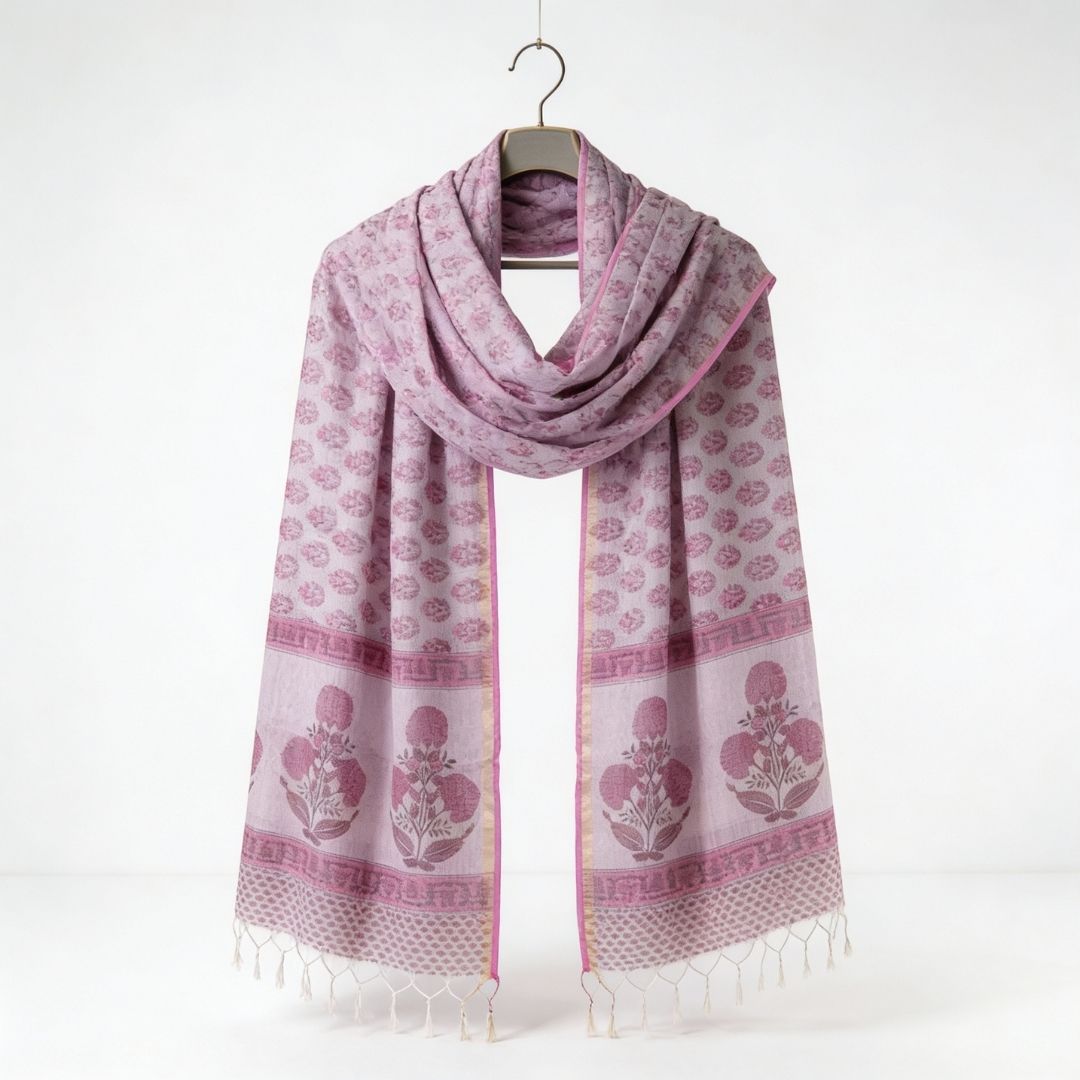 Hand Block Printed Kota Doriya Dupatta in Soft Pink Floral Pattern