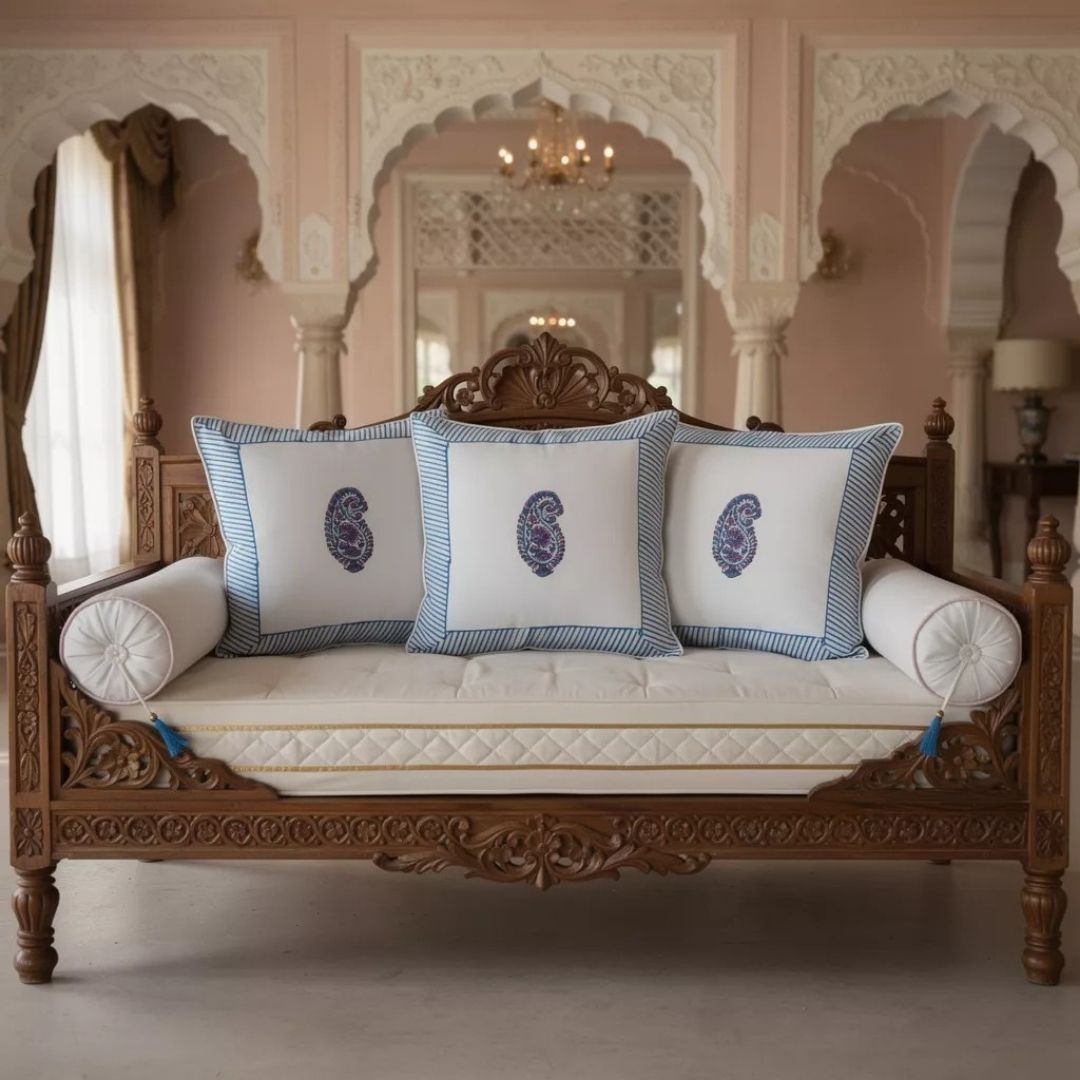 Block Printed South Cotton Cushion Cover with Blue Border and Central Motif 