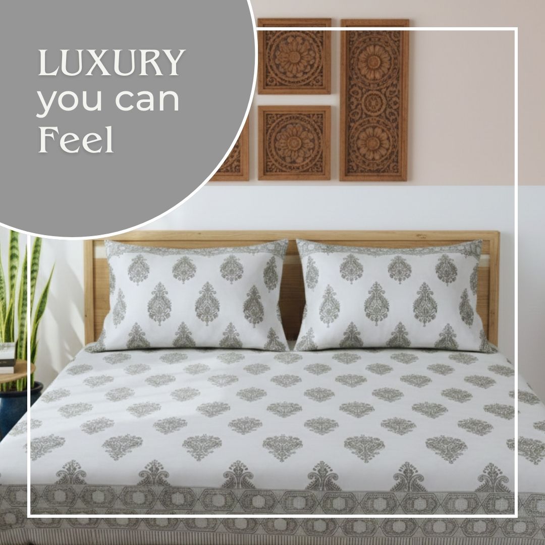 Single-Sided Block Printed Double Bedsheet in Grey Motif