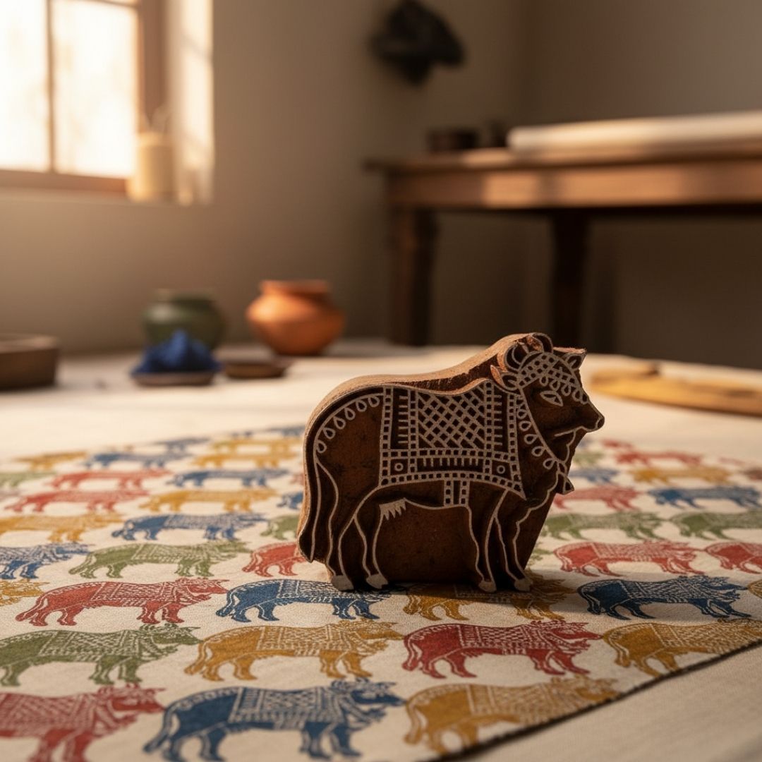 Handcrafted Gurjan Wood Cow Printing Blocks Pair for Textile and Paper Art