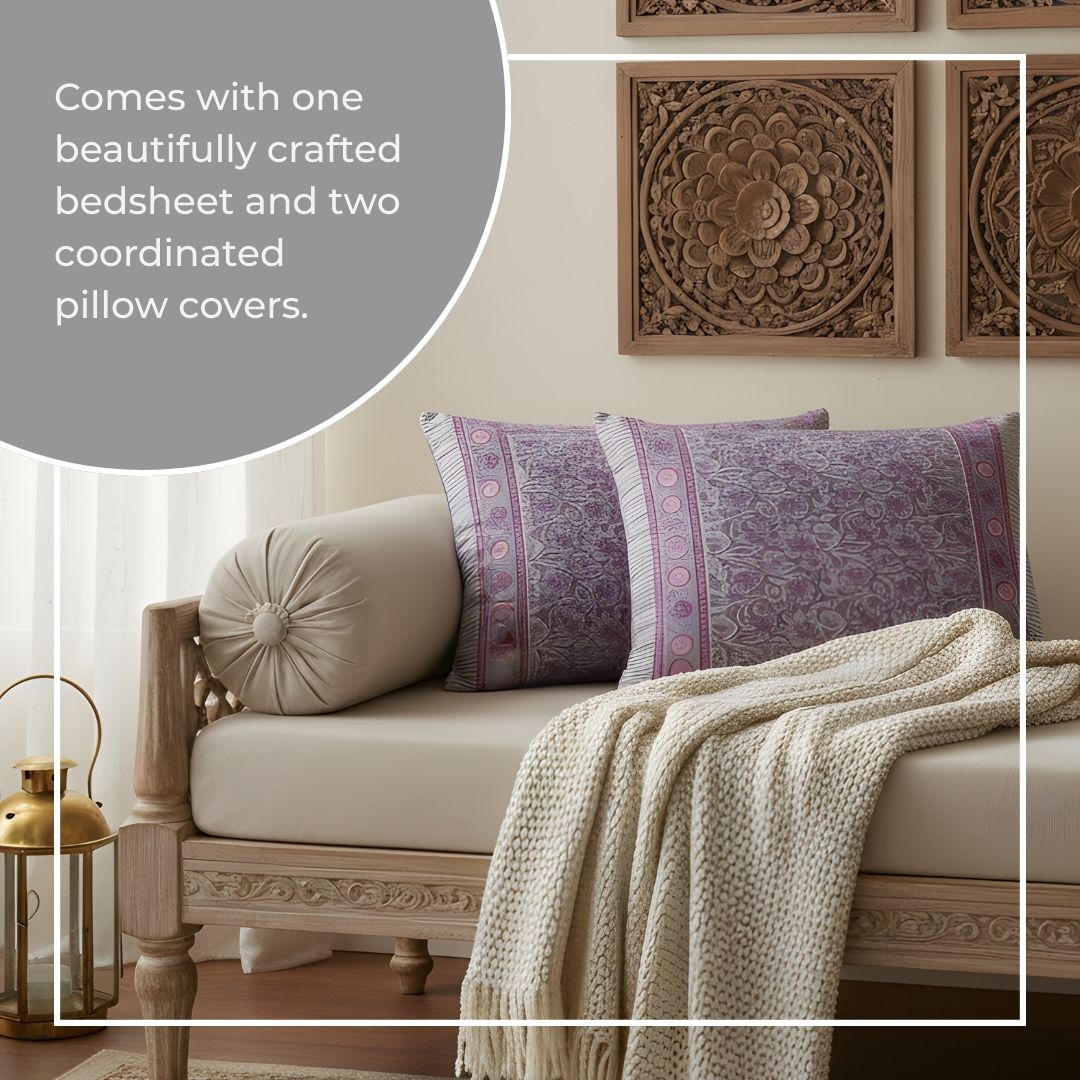 Single-Sided Block Printed Double Bedsheet in Soft Pink All-Over Pattern