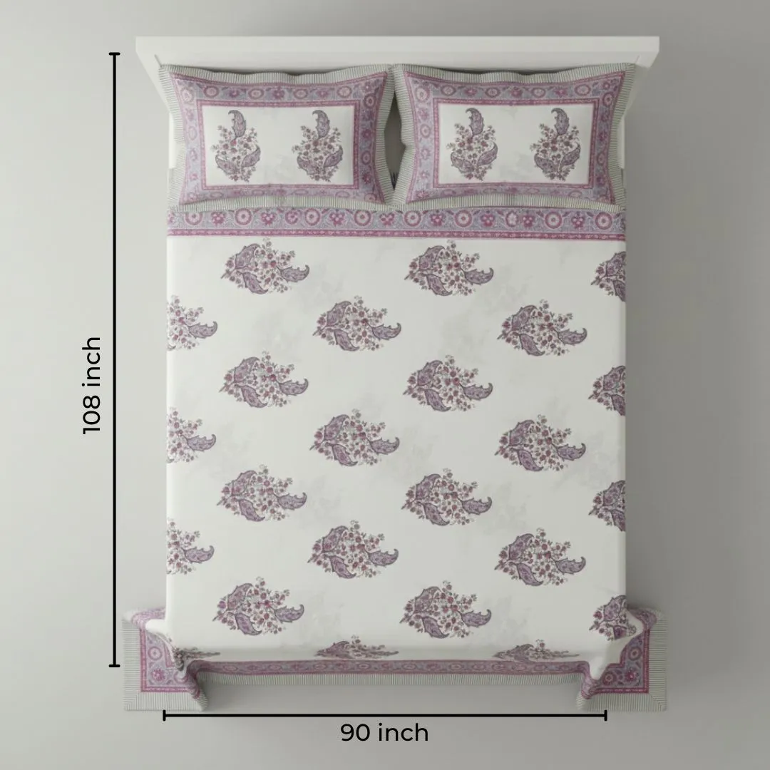 Single-Sided Block Printed Double Bedsheet in Maroon & Dusty Pink Floral Print Motif